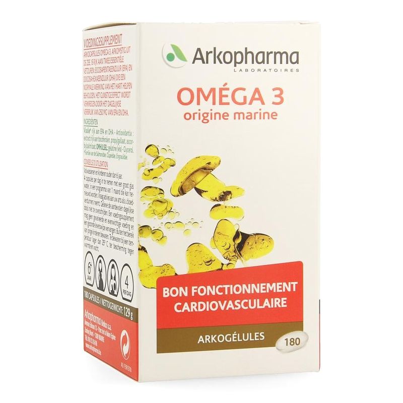 Viên Uống Bổ Sung Dầu Cá Arkopharma Omega 3 Origine Marine 180 viên Bạn có biết, não của chúng ta có đến 60% là các acid béo với lượng DHA lớn. Vì vậy, việc bổ sung omega 3 cho cơ thể giúp phát triển tốt nhất chức năng mắt và hệ thần kinh là điều cân thiết. Vì cơ thể chúng ta không thể tự tổng hợp omega 3 nên bạn cần bổ sung bằng thực phẩm. Viên Uống Bổ Sung Dầu Cá Arkopharma Omega 3 Origine Marine 180 viên sẽ là sự lựa chọn hoàn hảo cho bạn.